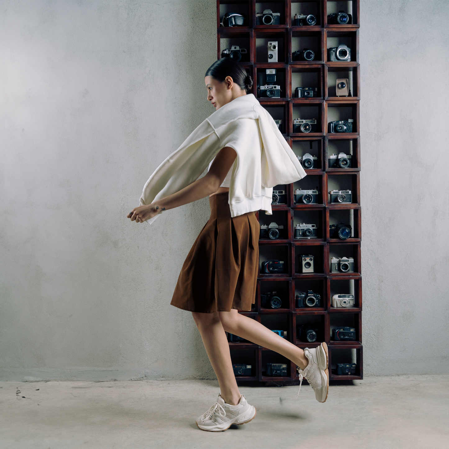 Brown pleated leather skirt