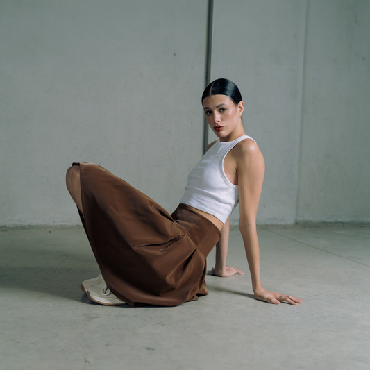 Brown pleated leather skirt